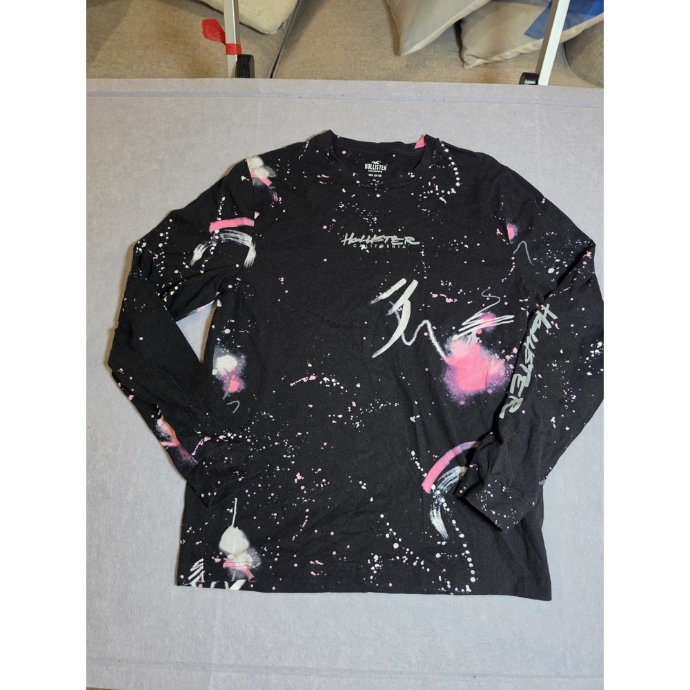 Hollister Mens Shirt M Black Long Sleeve Crew Neck Paint Splatter Pullover